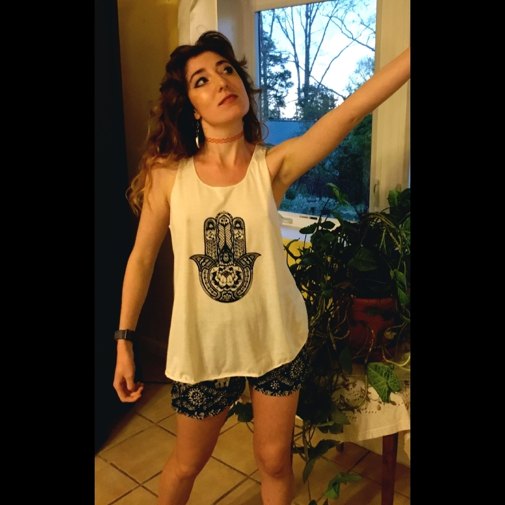 Hamsa Lotus Flowy Boho Yoga Tank Top 100% Cotton